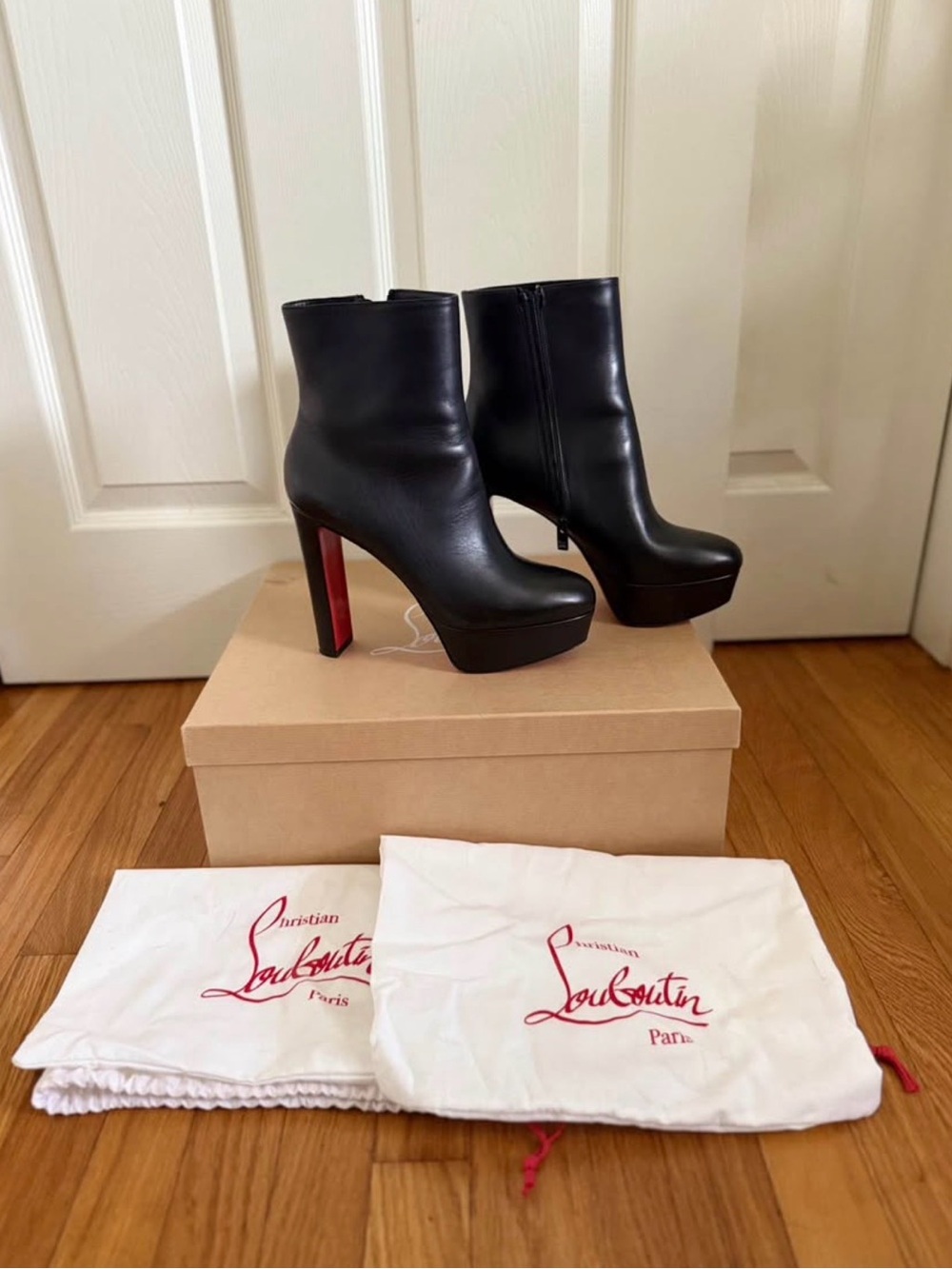 Christian Louboutin Black Leather Platform Ankle Boots with Red Soles